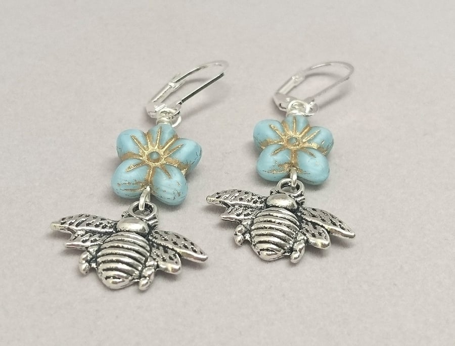 Silver bee and blue flower earrings