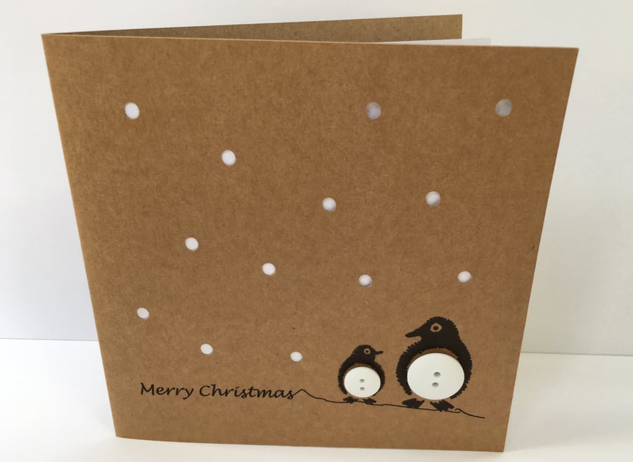 Penguin Christmas Card - Paper cut with buttons