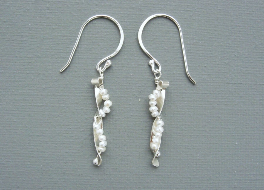 Seed Pod Freshwater Seed Pearl and Sterling Silver Drop Earrings 