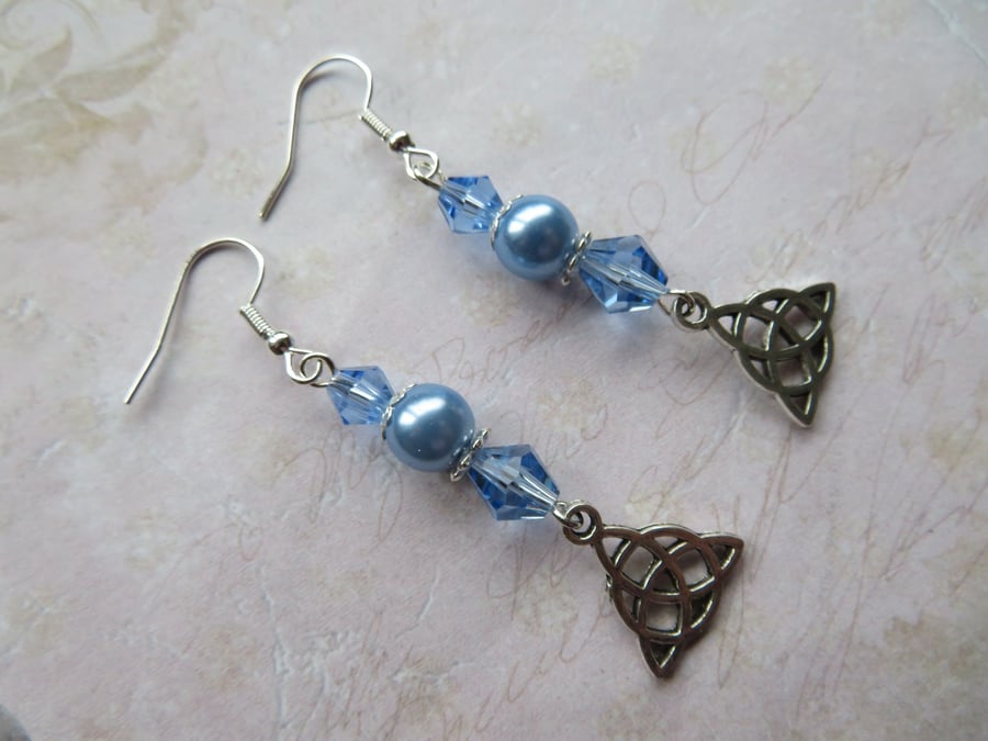 Pale Sky Blue Pearl & Crystal Celtic Triquetra Boho Whimsy Dangle Earrings 