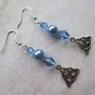 Pale Sky Blue Pearl & Crystal Celtic Triquetra Boho Whimsy Dangle Earrings 
