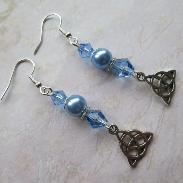 Pale Sky Blue Pearl & Crystal Celtic Triquetra Boho Whimsy Dangle Earrings 