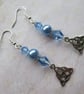 Pale Sky Blue Pearl & Crystal Celtic Triquetra Boho Whimsy Dangle Earrings  - Image 1