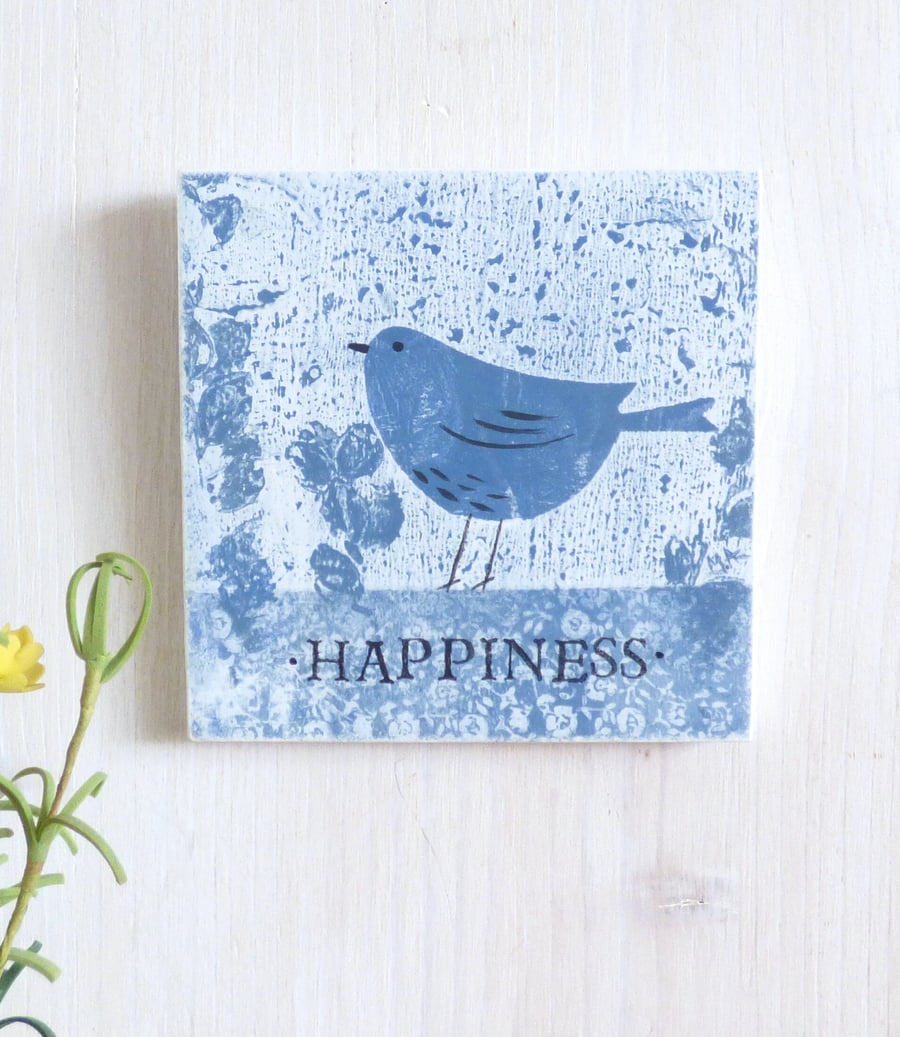 Happiness, Wooden Wall Plaque, Monoprint, Mini Art Quote 