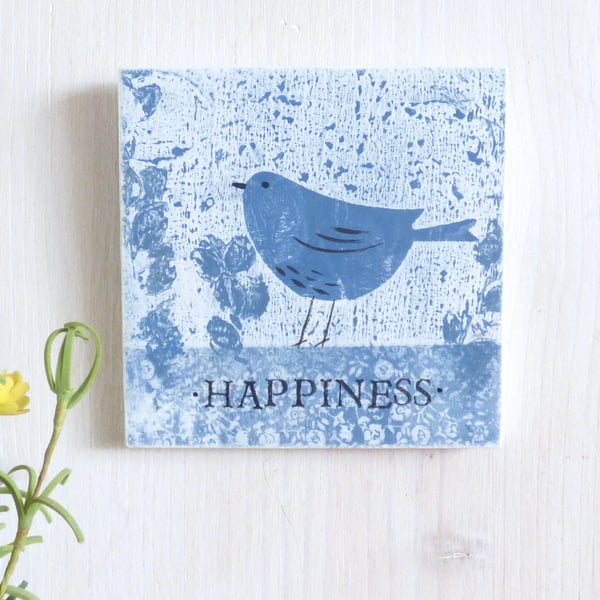 Happiness, Wooden Wall Plaque, Monoprint, Mini Art Quote 