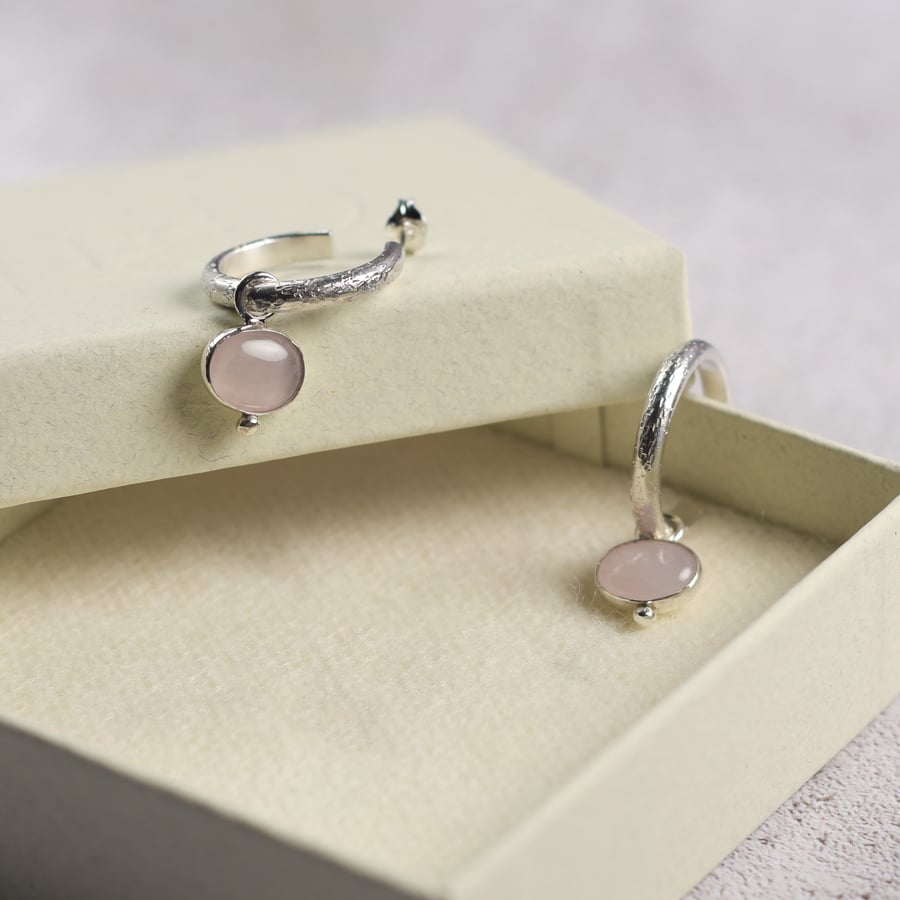 Sterling Silver Hoop Earrings with Rose Quartz Gemstones