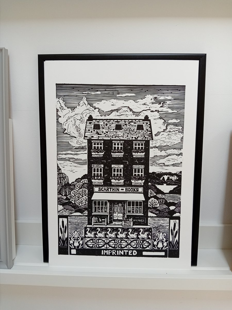 Linocut print of a bookshop An Original limited edition lino print