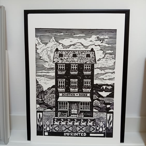 Linocut print of a bookshop An Original limited edition lino print