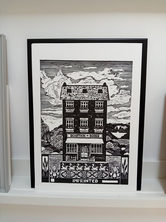 Linocut print of a bookshop An Original limited edition lino print
