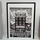 Linocut print of a bookshop An Original limited edition lino print
