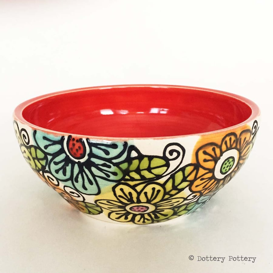 Large hand thrown bowl floral design ceramic pot pottery bowl flower