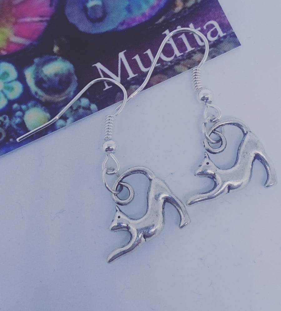 Dangly Sterling Silver Stretching Cat Charm Earrings   