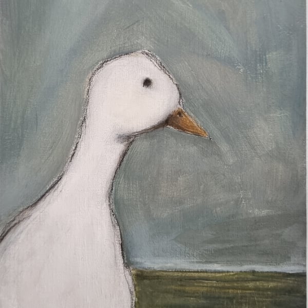 Original Painting Of Little White Duck - Animal Lover Gift - Unique Art (5"x7")