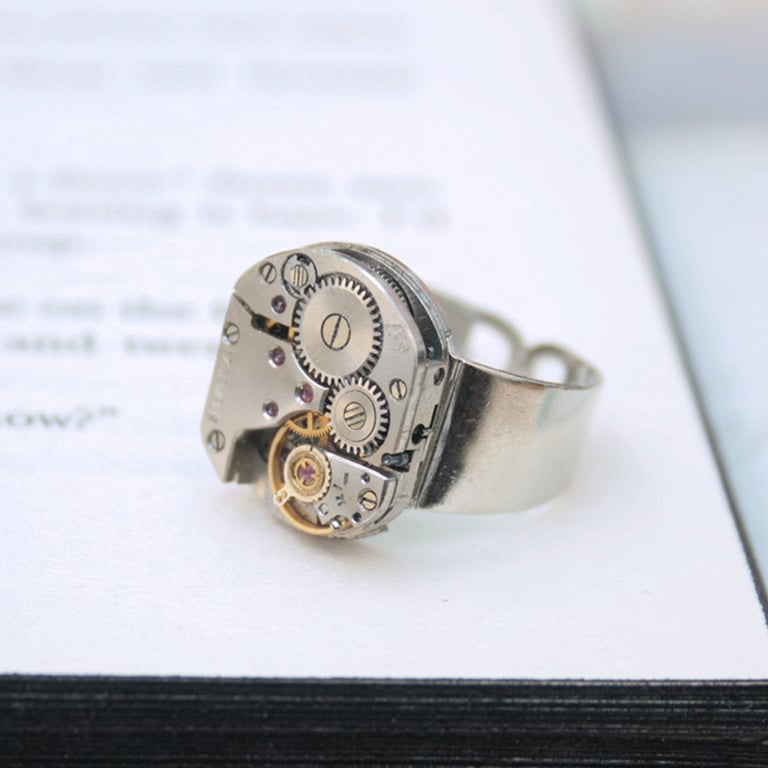 Mens Pinky Ring, Steampunk Ring, Steampunk Signet, Simple Silver Watch Movement 