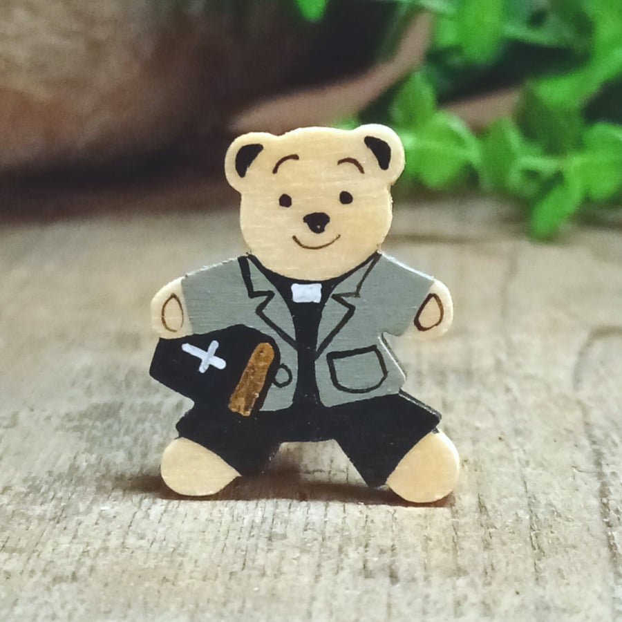 Vicar and Bible Bear, Handmade Teddy Bear Badge Pin, Thank You Gift For Vicar