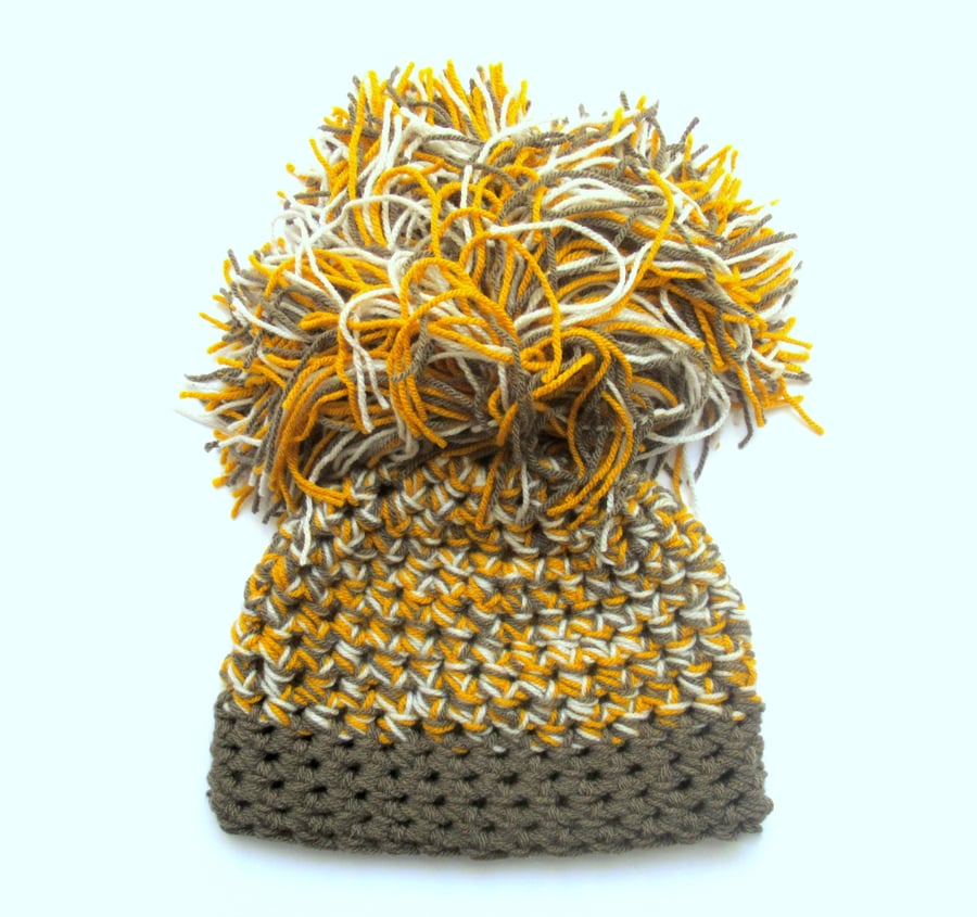 Crochet Pom Pom Hat Oversized Chunky Small Medium Head Mustard Taupe Beige