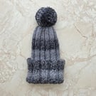 Hand knitted adult grey multicoloured bobble hat