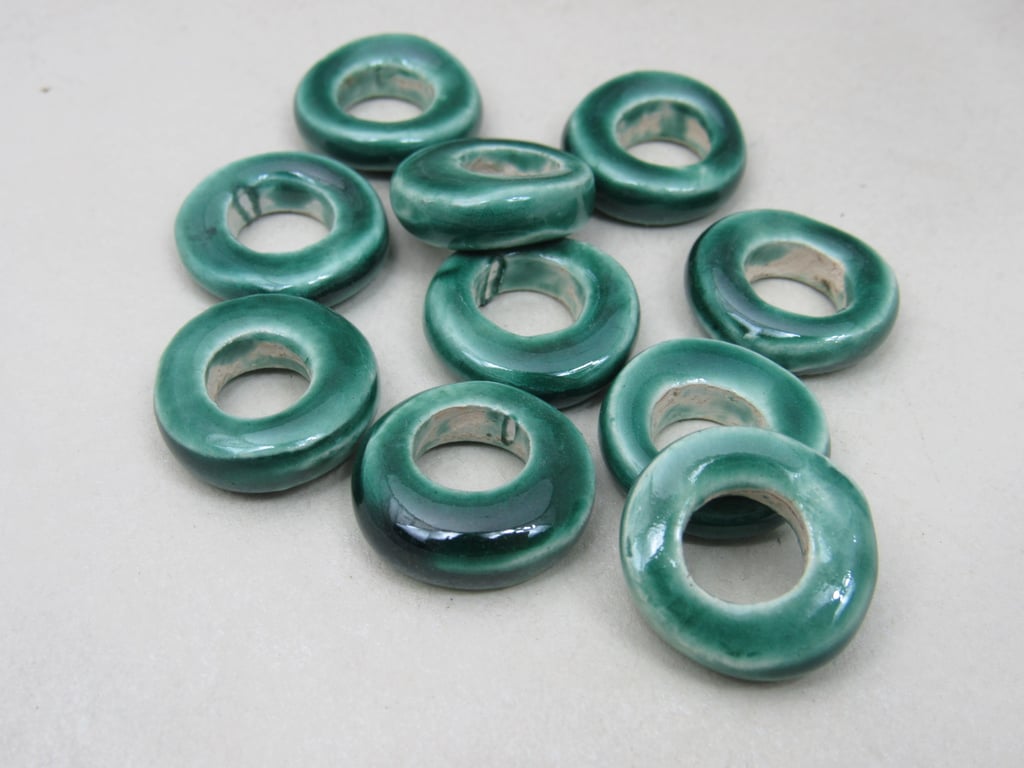 10 Medium Emerald Green Glazed Ceramic Donut Beads