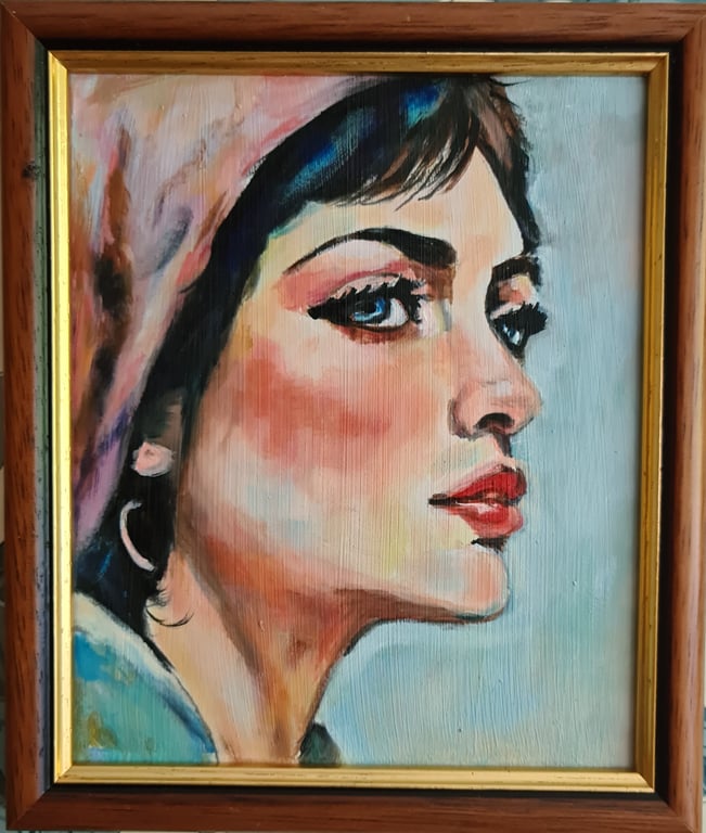 Small original portrait oil painting of a young woman with scarf