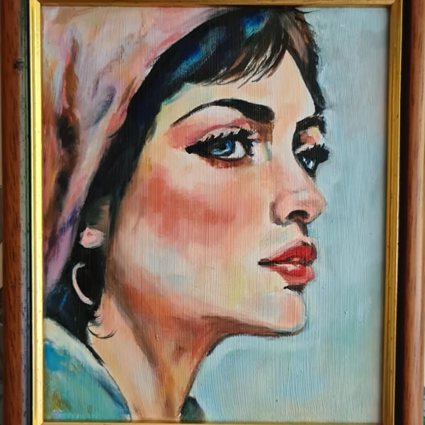 Small original portrait oil painting of a young woman with scarf