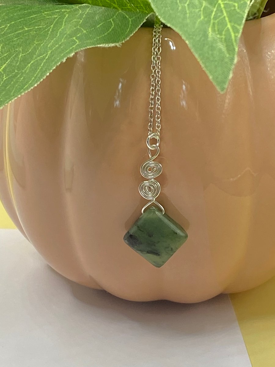 Nephrite jade square pendant with sterling silver spirals