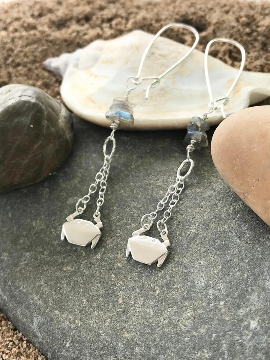SALE Sterling silver origami style handmade crab dangle earrings 