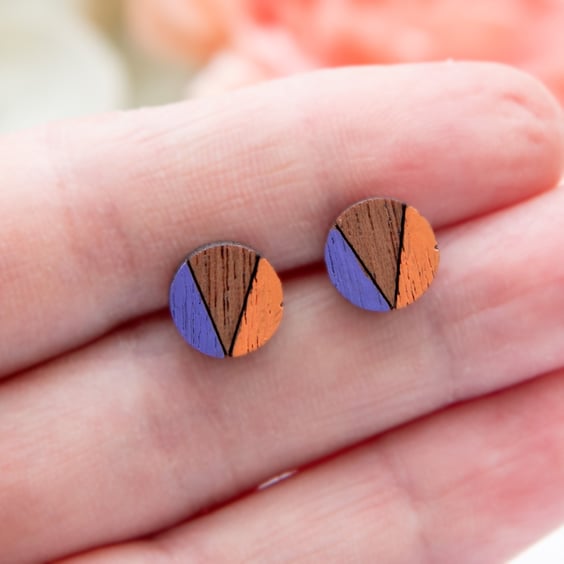 Hand Painted Wooden Dot Earrings, Purple and Orange Wood Circle Studs