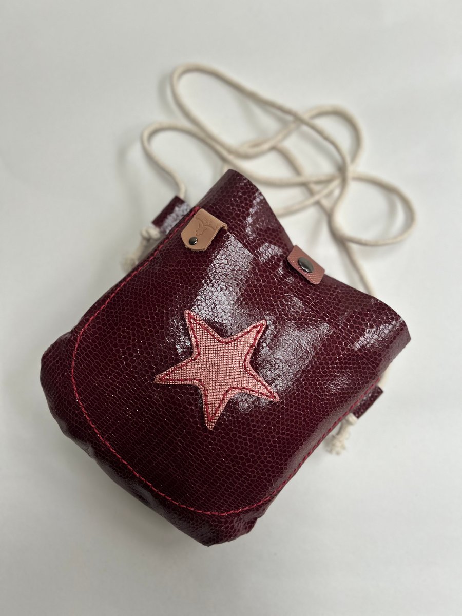 Crossbody bag in burgundy leather snakeskin with star motif 