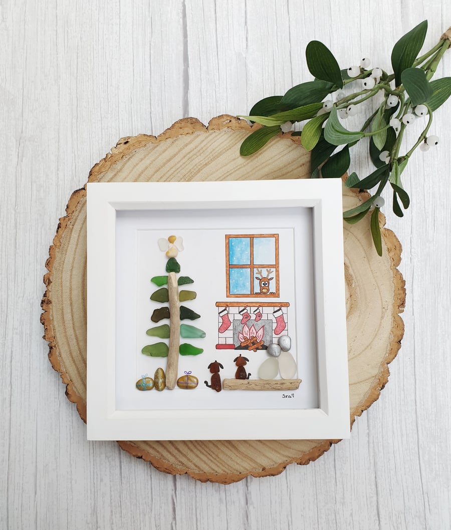 Seaglass, driftwood Christmas scene, "T'WAS THE NIGHT BEFORE CHRISTMAS"