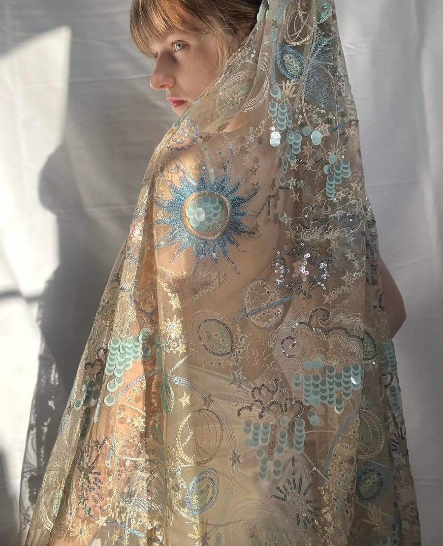 Blue Moon Celestial Wedding Veil - Embroidered Sequin Star And Moon Bridal Veil