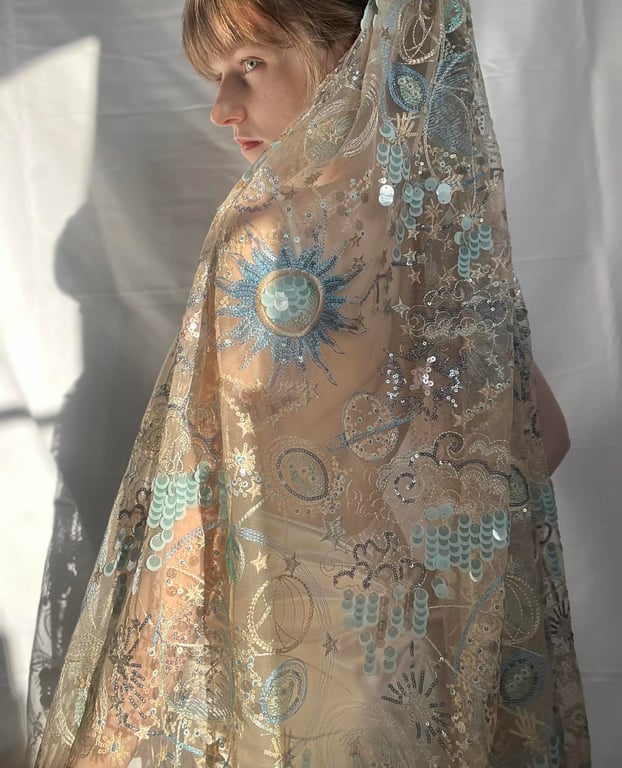 Blue Moon Celestial Wedding Veil - Embroidered Sequin Star And Moon Bridal Veil