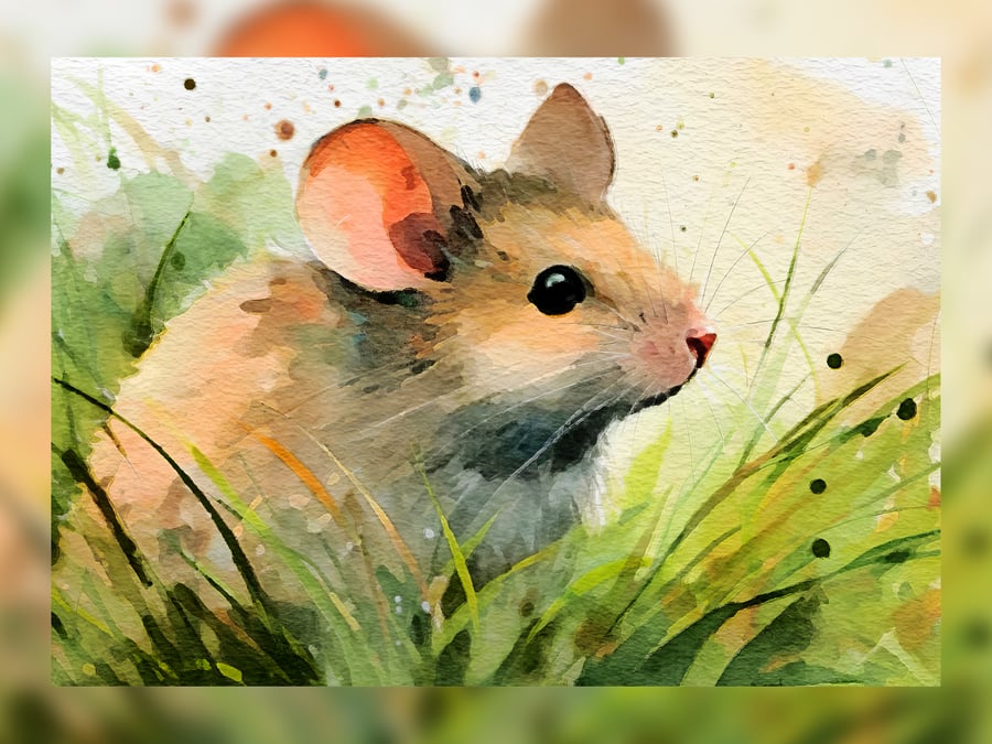 Mouse in Grass Watercolor Print - Charming 5x7 Nature Art Decor