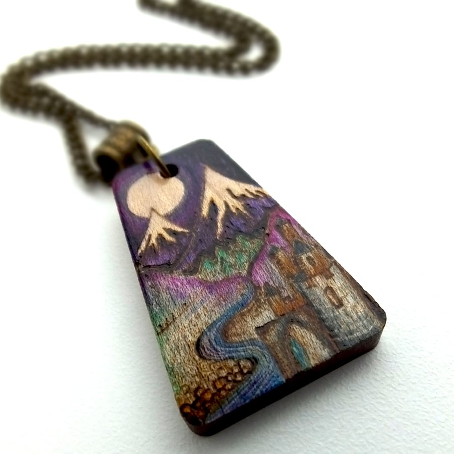 Fairy Tale Scene Pyrography Pendant with Inks.