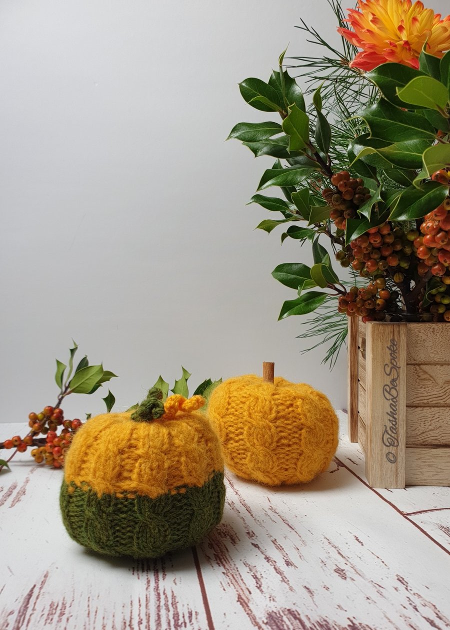 Hand knitted pumpkins, Set of 2, Halloween décor, Cable knit pumpkin