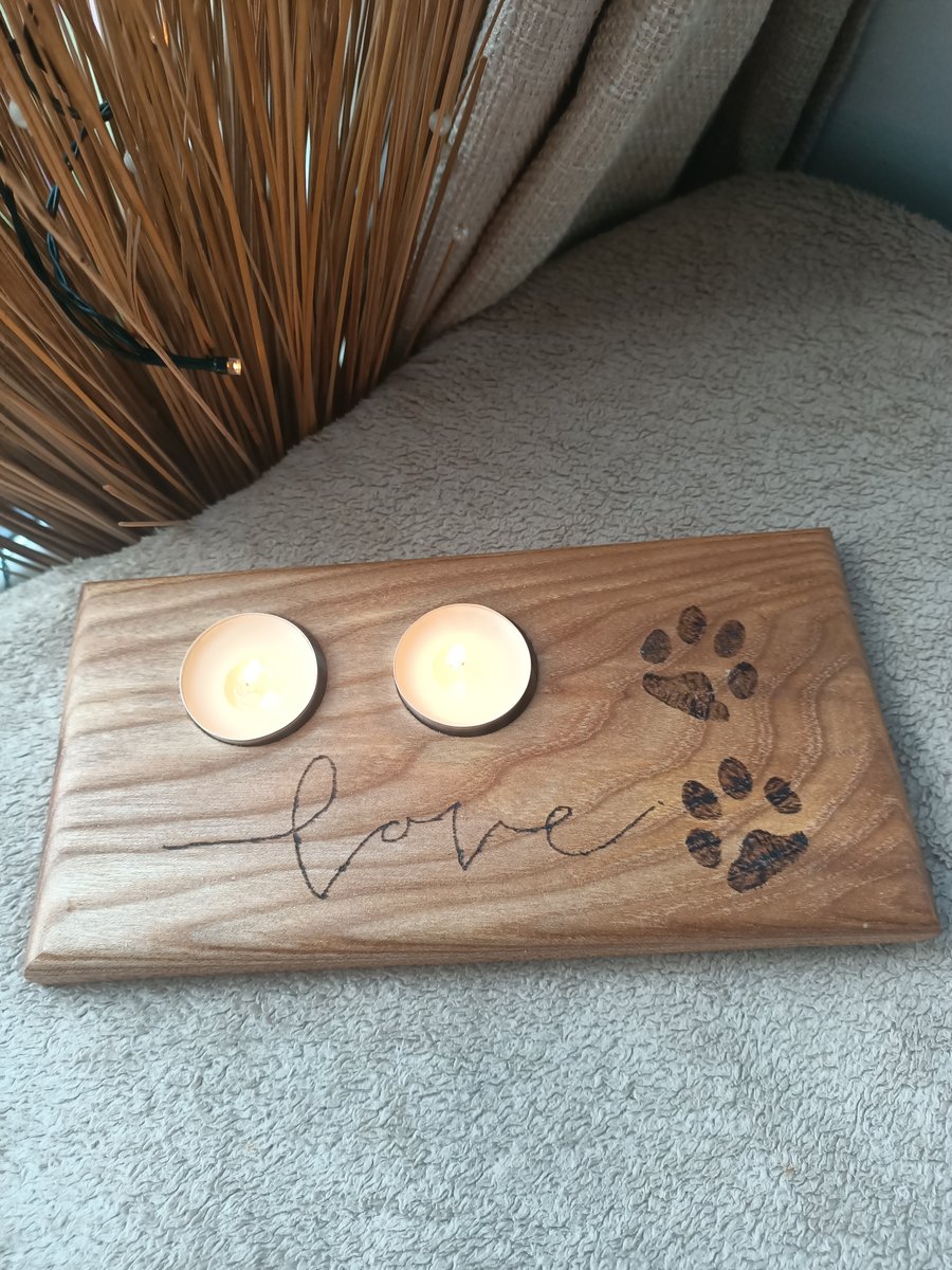 Love pawprints pyrography wooden tealight candle holder animal dog cat