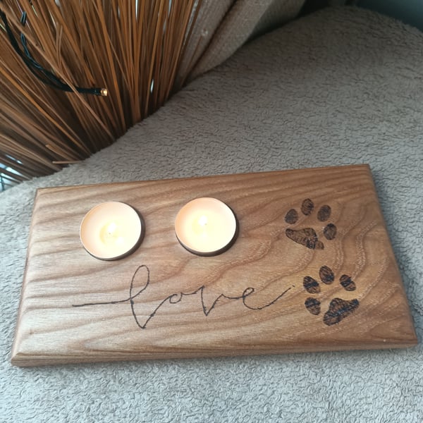 Love pawprints pyrography wooden tealight candle holder animal dog cat
