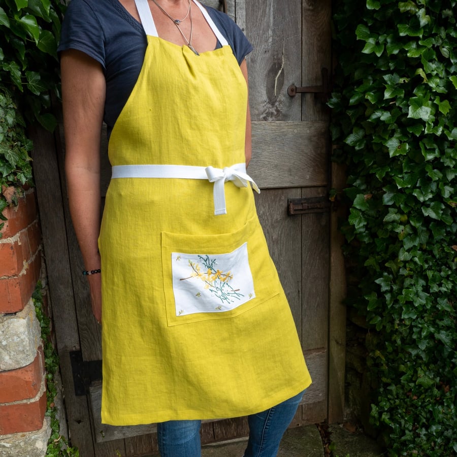 Pure Linen Yellow Apron With Vintage Embroidery 