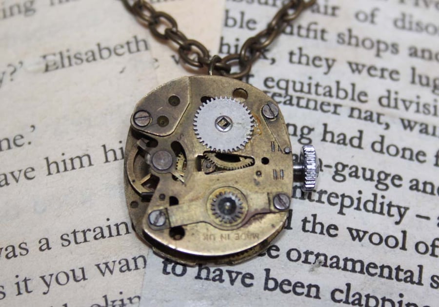 Steampunk Vintage Watch Movement Reversible Gold Necklace