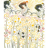 Lino print, cycling through flower filled meadows in the sunshine