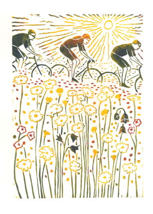 Lino print, cycling through flower filled meadows in the sunshine