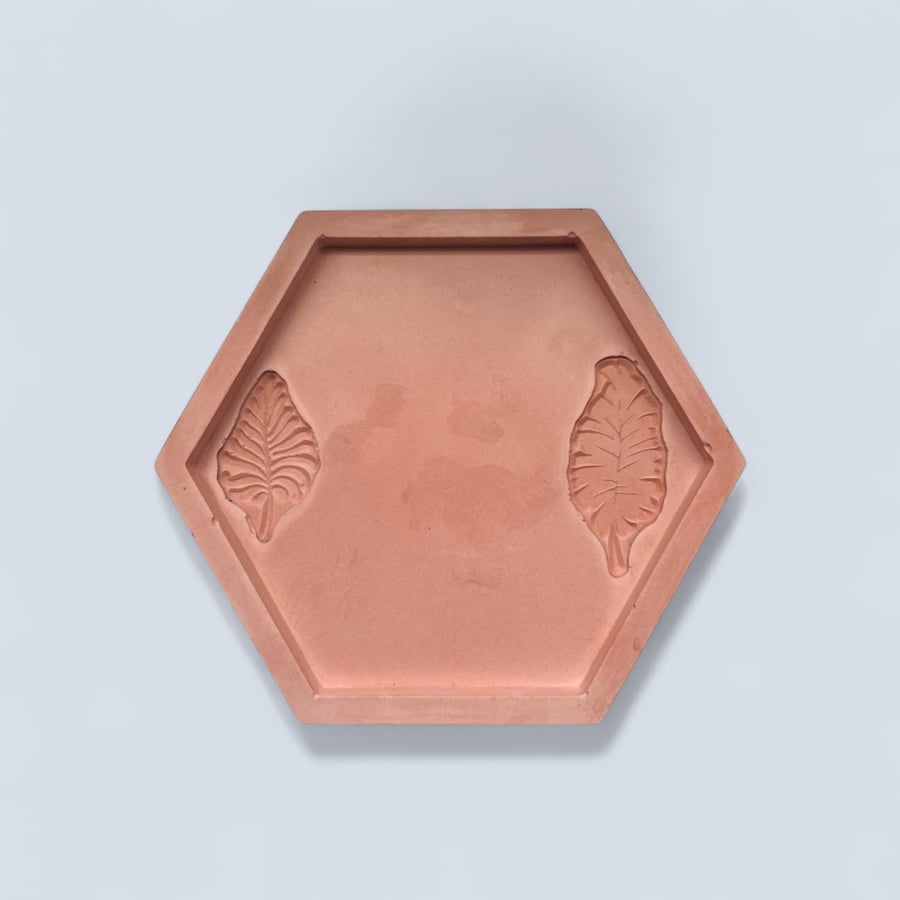 Terracotta Coloured Hexagonal Decorative Tray -Trinket Dish With Leaf Imprints
