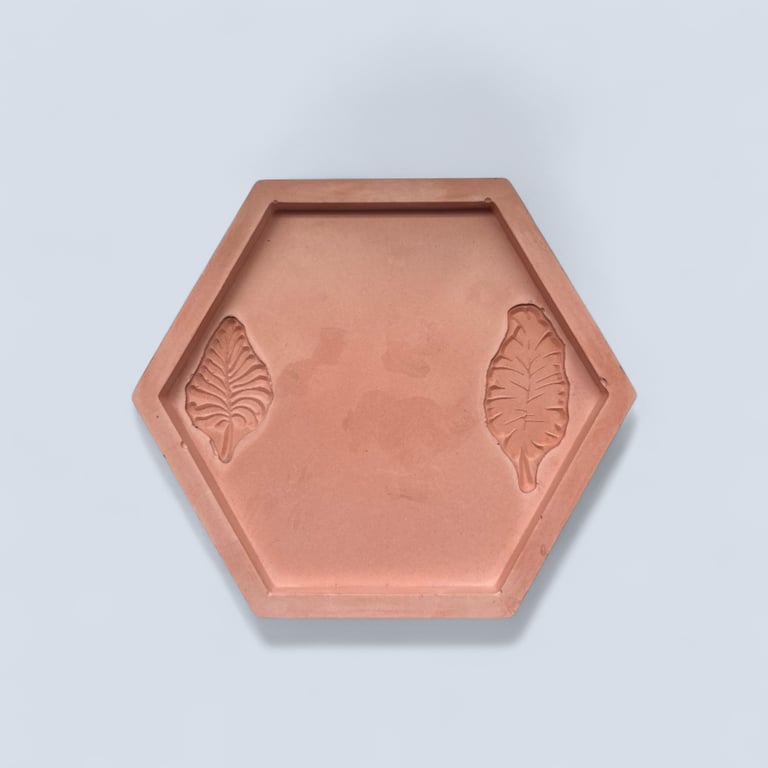 Terracotta Coloured Hexagonal Decorative Tray -Trinket Dish With Leaf Imprints