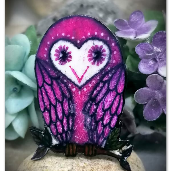 Owl Brooch, Handmade, Purple