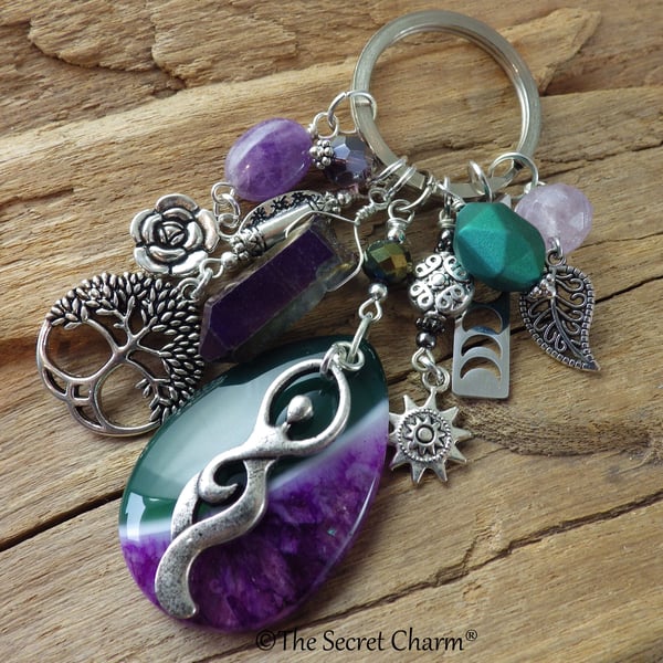 Forest Goddess Loaded Bag Charm, Gemstone Keyring Keychain