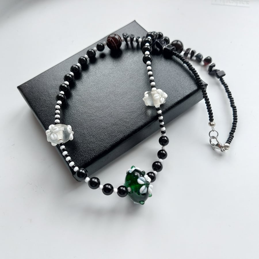 Black and white Gemstone Necklace with Onyx and Lampwork Beads