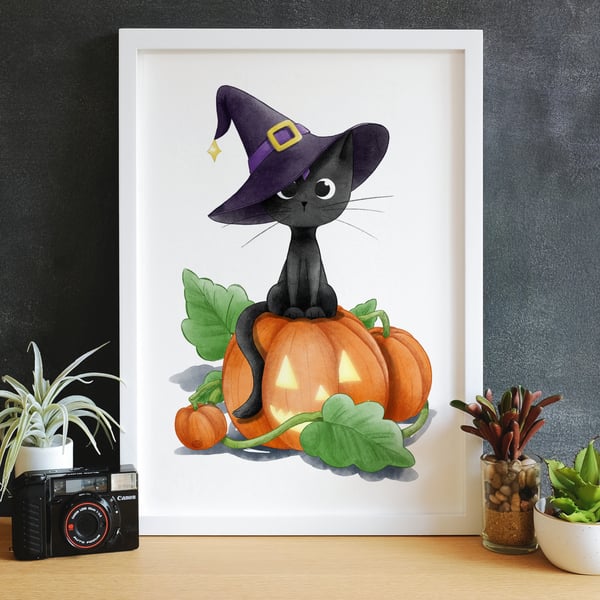 Halloween Black Cat Witch in Pumpkin Patch Art Print