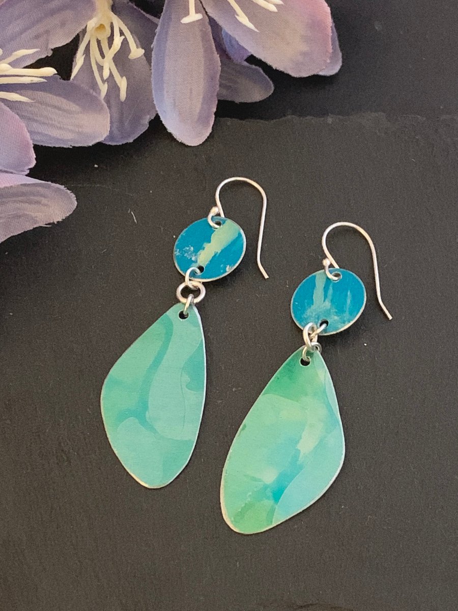 Printed Aluminium and sterling silver earrings - Turquoise and green watercolour