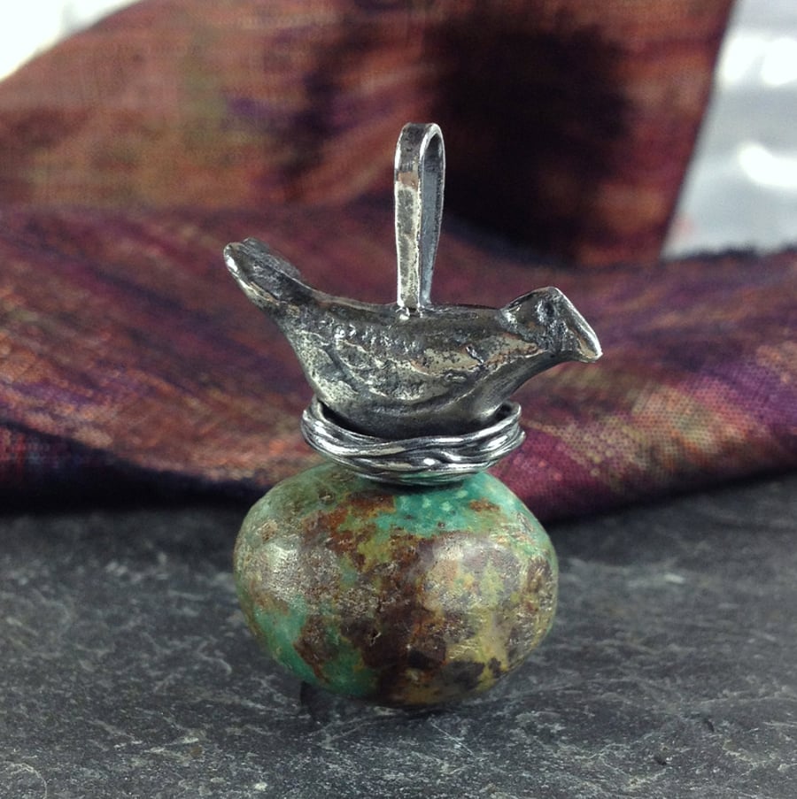 Sterling silver and turquoise bird nest pendant