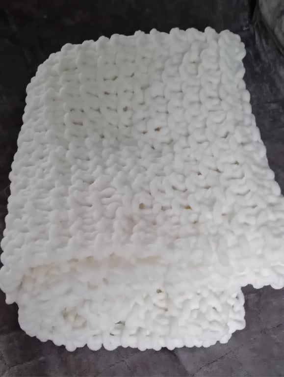 Cosy and soft hand knitted white large baby blanket
