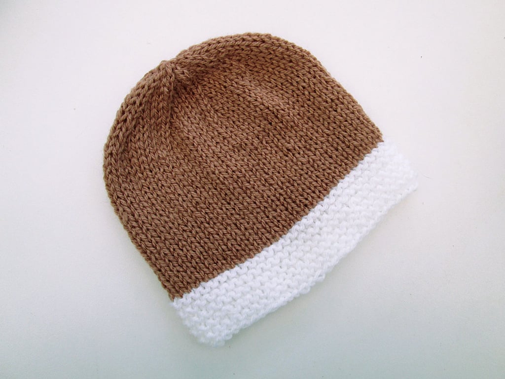 Hand knitted baby hat in mocha brown and white, 100% acrylic, new baby gift